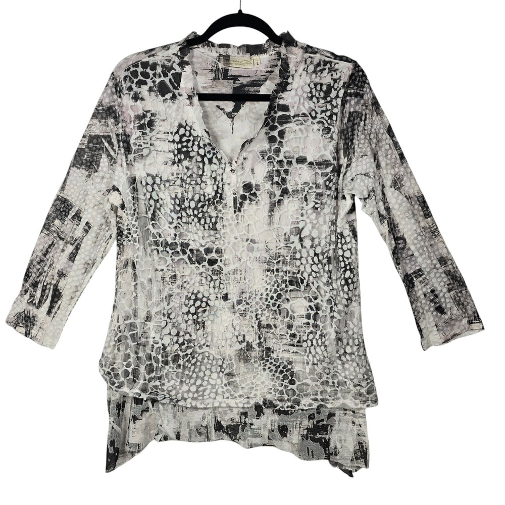 Impulse California Womens Large Black‎ White Abstract Burnout Asymmetrical Tunic